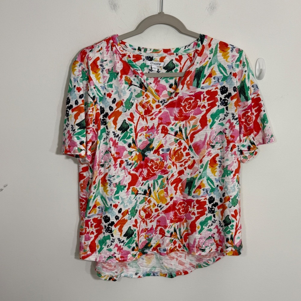 Chicos Womens Top Size 2 Large Multicolor Floral Artsy Colorful Maximalist